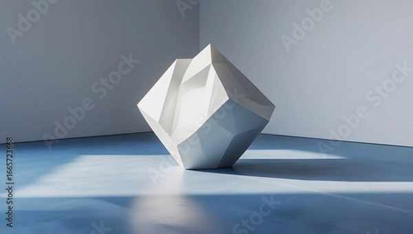 Fototapeta Hyper-Realistic 3D White Geometric Sculpture on Blue Matte Floor – Minimalist Abstract Modern Art Design with Crisp Faceted Geometry.
