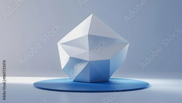 Fototapeta Hyper-Realistic 3D White Geometric Sculpture on Blue Matte Floor – Minimalist Abstract Modern Art Design with Crisp Faceted Geometry.
