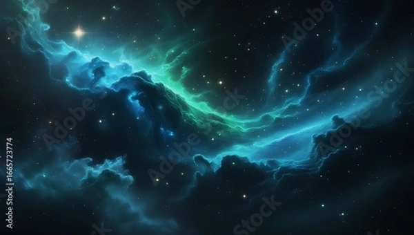 Fototapeta Vast Blue Green Cosmic Nebula with Stars and Galaxies – Hyper-Realistic 8K Space Scene, Majestic Sci-Fi Astronomy Fantasy Artwork.