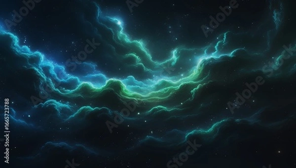 Fototapeta Vast Blue Green Cosmic Nebula with Stars and Galaxies – Hyper-Realistic 8K Space Scene, Majestic Sci-Fi Astronomy Fantasy Artwork.