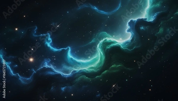 Fototapeta Vast Blue Green Cosmic Nebula with Stars and Galaxies – Hyper-Realistic 8K Space Scene, Majestic Sci-Fi Astronomy Fantasy Artwork.