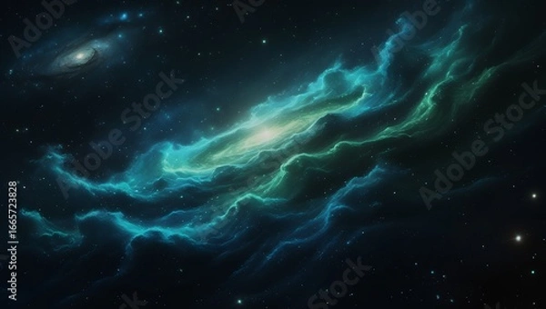 Fototapeta Vast Blue Green Cosmic Nebula with Stars and Galaxies – Hyper-Realistic 8K Space Scene, Majestic Sci-Fi Astronomy Fantasy Artwork.
