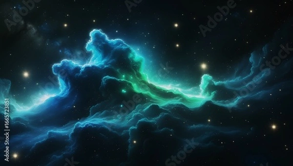 Fototapeta Vast Blue Green Cosmic Nebula with Stars and Galaxies – Hyper-Realistic 8K Space Scene, Majestic Sci-Fi Astronomy Fantasy Artwork.