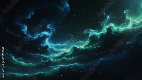 Fototapeta Vast Blue Green Cosmic Nebula with Stars and Galaxies – Hyper-Realistic 8K Space Scene, Majestic Sci-Fi Astronomy Fantasy Artwork.