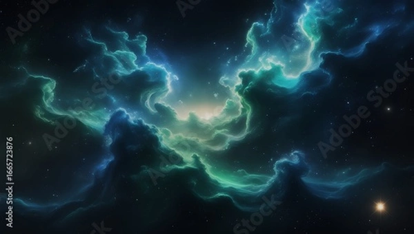 Fototapeta Vast Blue Green Cosmic Nebula with Stars and Galaxies – Hyper-Realistic 8K Space Scene, Majestic Sci-Fi Astronomy Fantasy Artwork.