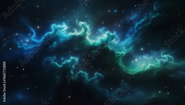 Fototapeta Vast Blue Green Cosmic Nebula with Stars and Galaxies – Hyper-Realistic 8K Space Scene, Majestic Sci-Fi Astronomy Fantasy Artwork.