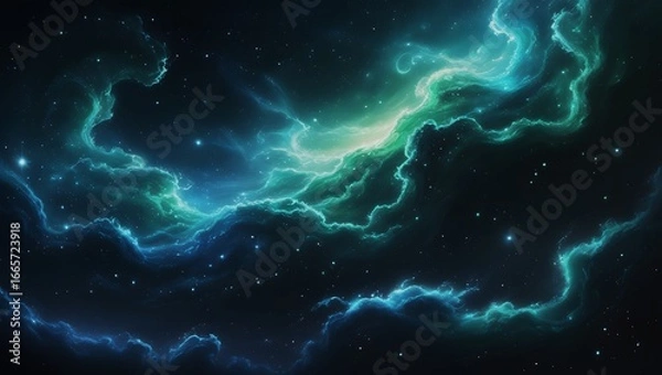 Fototapeta Vast Blue Green Cosmic Nebula with Stars and Galaxies – Hyper-Realistic 8K Space Scene, Majestic Sci-Fi Astronomy Fantasy Artwork.