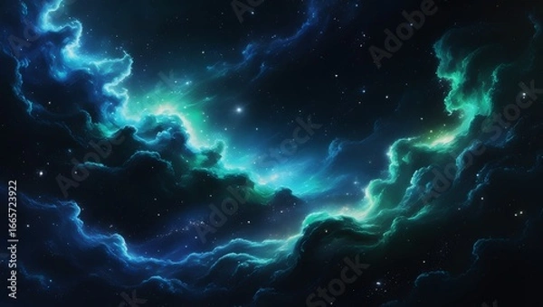 Fototapeta Vast Blue Green Cosmic Nebula with Stars and Galaxies – Hyper-Realistic 8K Space Scene, Majestic Sci-Fi Astronomy Fantasy Artwork.