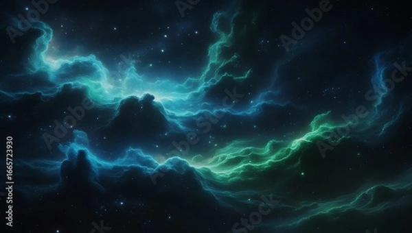 Fototapeta Vast Blue Green Cosmic Nebula with Stars and Galaxies – Hyper-Realistic 8K Space Scene, Majestic Sci-Fi Astronomy Fantasy Artwork.