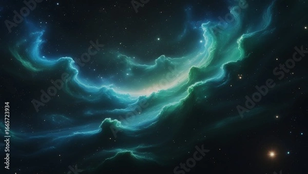 Fototapeta Vast Blue Green Cosmic Nebula with Stars and Galaxies – Hyper-Realistic 8K Space Scene, Majestic Sci-Fi Astronomy Fantasy Artwork.