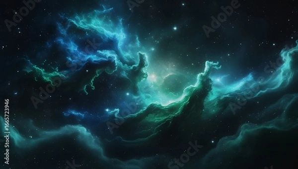 Fototapeta Vast Blue Green Cosmic Nebula with Stars and Galaxies – Hyper-Realistic 8K Space Scene, Majestic Sci-Fi Astronomy Fantasy Artwork.