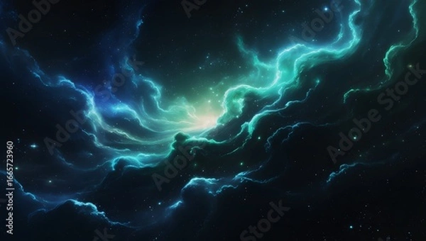 Fototapeta Vast Blue Green Cosmic Nebula with Stars and Galaxies – Hyper-Realistic 8K Space Scene, Majestic Sci-Fi Astronomy Fantasy Artwork.