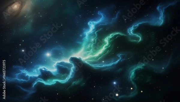Fototapeta Vast Blue Green Cosmic Nebula with Stars and Galaxies – Hyper-Realistic 8K Space Scene, Majestic Sci-Fi Astronomy Fantasy Artwork.