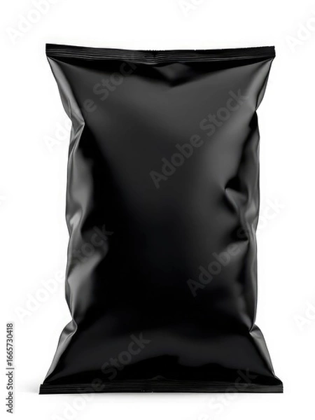 Fototapeta blank food snack bag in black, designed for potato chips The bag is presented upright with a crisp white background The bag's surface exhibits subtle reflections