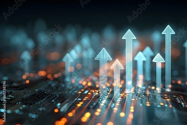 Fototapeta Digital background featuring glowing arrows pointing upwards on a circuit board, representing upward growth and progress in the technology industry.