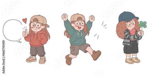 Obraz Three cute girls wearing hoodies, caps, and glasses, one holding a clover.