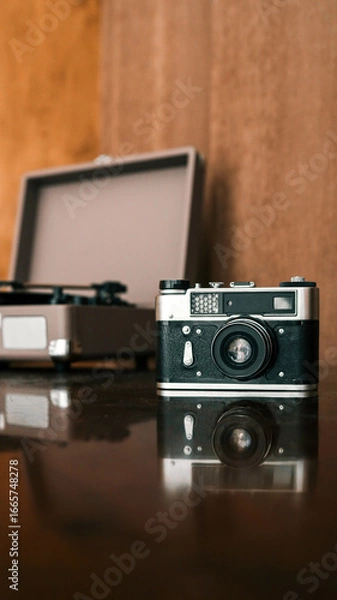 Fototapeta Vintage film camera on wooden surface with retro turntable in background, nostalgic scene of analog photography and music