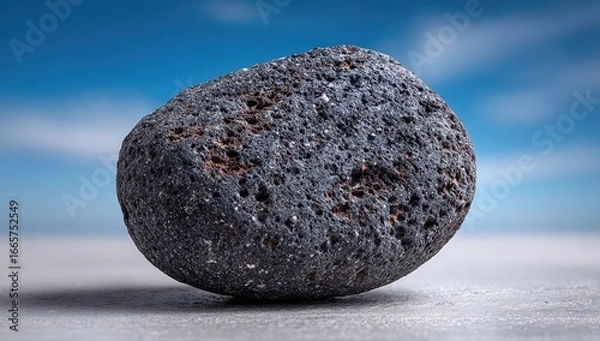 Fototapeta Dark, smooth stone rests on a light surface against a clear sky