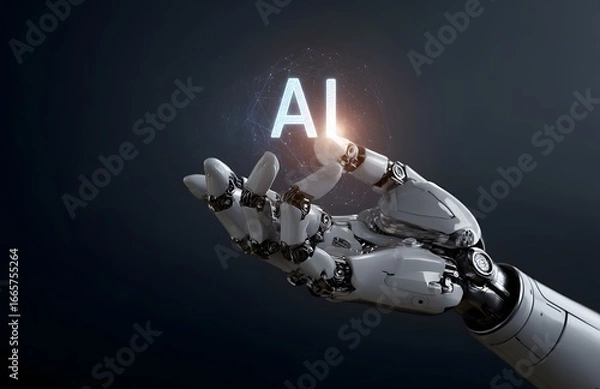 Fototapeta 3D render of a robot hand holding a hologram with the text AI on it, isolated over a dark background