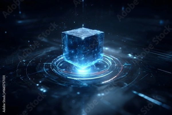 Fototapeta A blue cube of data, floating in the center, is surrounded by digital lines and futuristic designs, representing advanced technology
