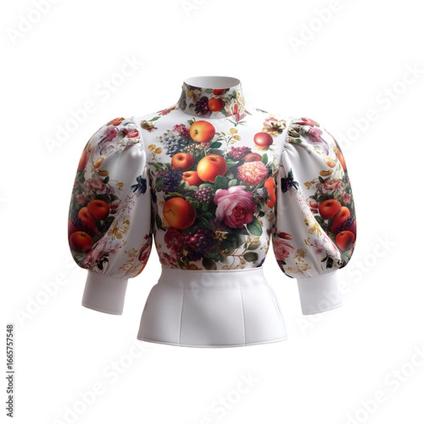 Obraz Elegant Women's Blouse with High Neck and Puff Sleeves, Featuring a Vibrant Fruit and Floral Print