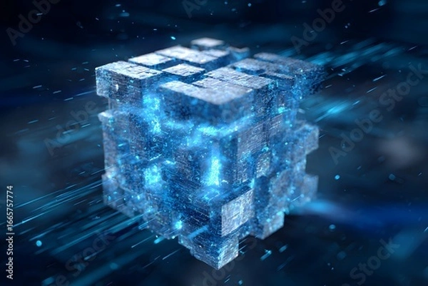 Fototapeta A blue cube of data, floating in the center, is surrounded by digital lines and futuristic designs, representing advanced technology
