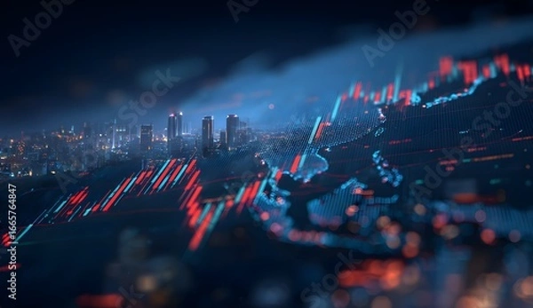 Fototapeta A digital globe with stock market charts, in a holographic style, set against a background of black and blue colors. 