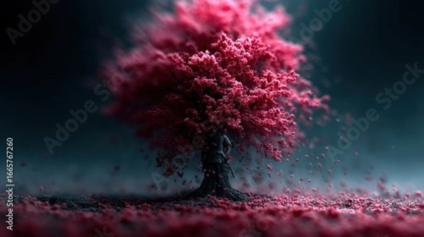 Fototapeta Serene Red Blossom Tree with Mysterious Figure in Dreamy Landscape