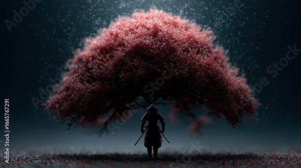 Fototapeta Mysterious Samurai Under a Blossom Tree in Ethereal Atmosphere