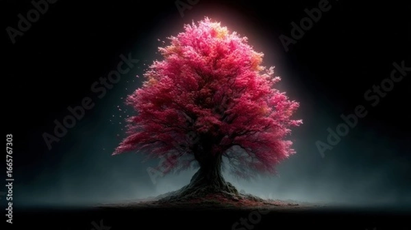 Fototapeta Vibrant Pink Tree Illuminated Against Dark Background in Nature Scene