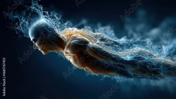 Fototapeta Dynamic Human Form Emanating Energy and Water in Motion