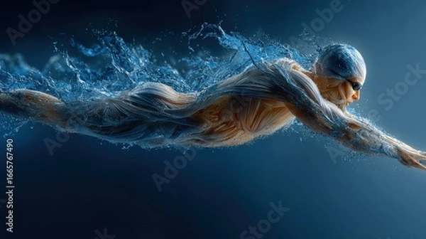 Fototapeta Dynamic Swimmer in Motion with Water Splashing Around Body