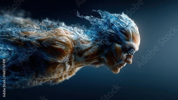 Fototapeta Human Figure in Motion with Flowing Water Elements and Energy