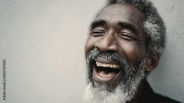 Fototapeta intense closeup portrait of american homeless person with exaggerated joyful expression