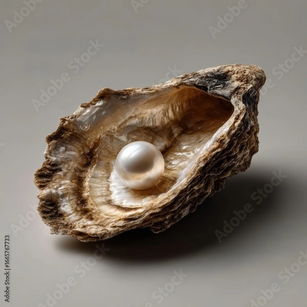 Fototapeta Beautiful Oyster Shell with Shimmering Pearl on Neutral Background