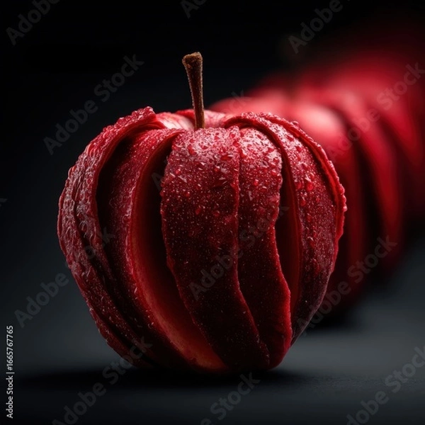 Fototapeta Beautifully Crafted Red Apple with Dew Drops on Dark Background