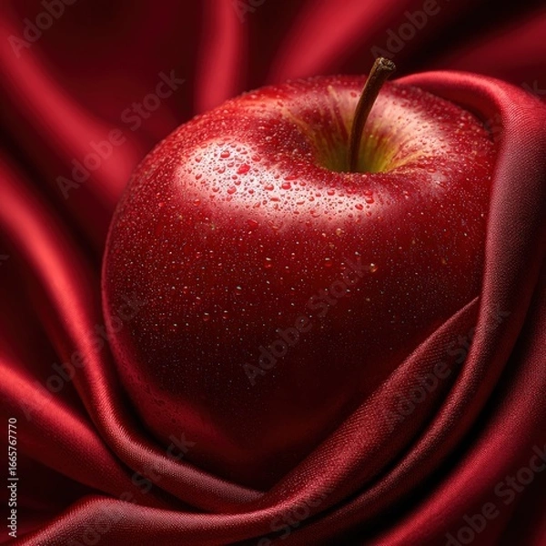 Fototapeta Fresh Red Apple on Satin Fabric with Water Droplets and Shine