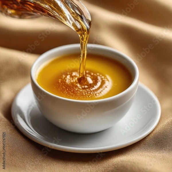 Fototapeta Golden Honey Pouring into a White Bowl on Soft Fabric Background