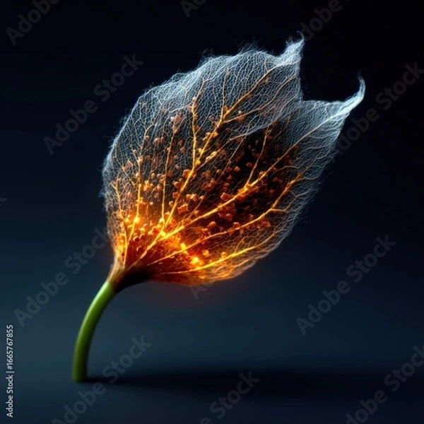 Fototapeta Illuminated Leaf with Intricate Veins and Glowing Particles Design