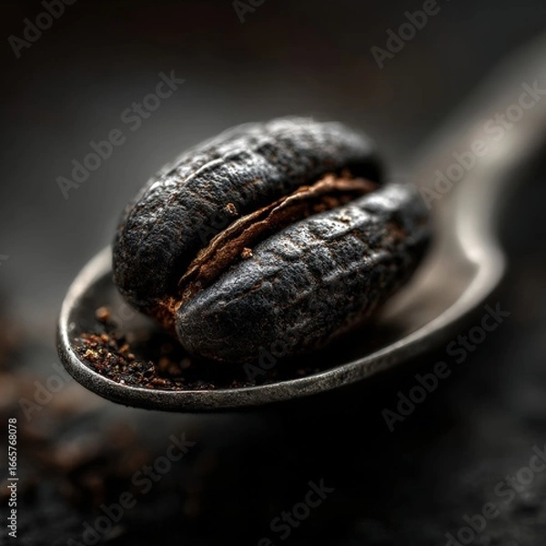 Fototapeta Close-Up View of Dark Coffee Beans on Silver Spoon with Ground Coffee