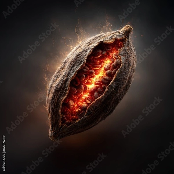 Fototapeta Glowing Seed Pod with Fiery Interior and Textured Outer Shell