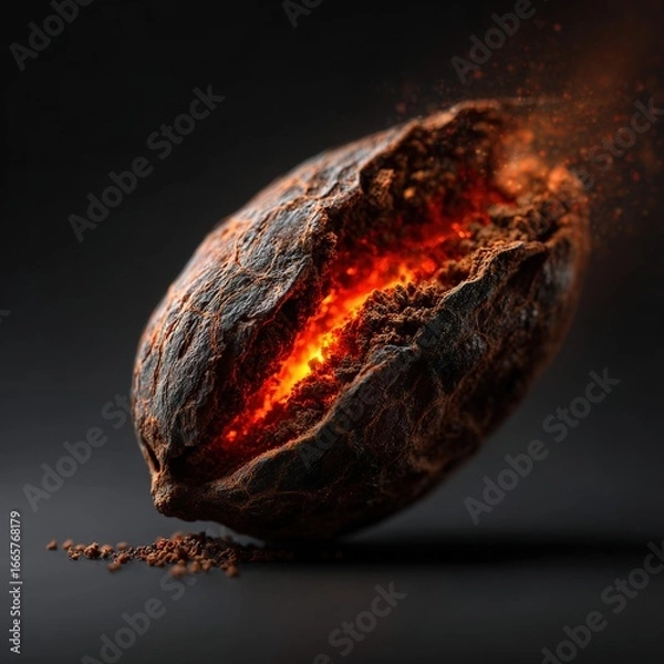 Fototapeta Glowing Lava Rock with Fiery Eruption in Dark Background