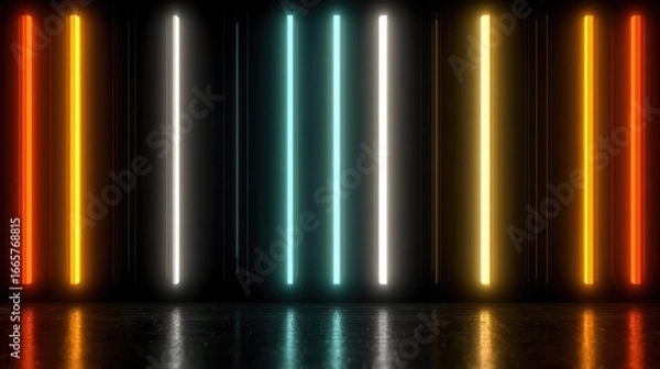 Fototapeta Glowing vertical lines reflect on dark floor