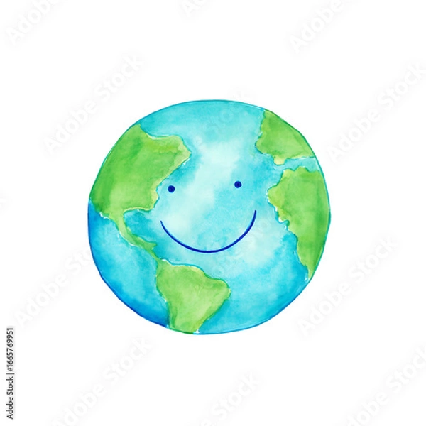 Fototapeta Happy Planet: A whimsical illustration depicts planet earth as a joyful character, radiating positivity and inviting viewers to embrace a hopeful outlook towards our shared home.