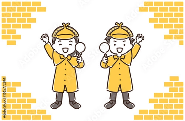 Obraz 虫眼鏡を持ちエイエイオーをしている探偵姿の男の子と女の子