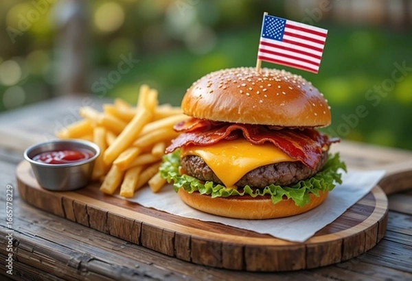 Fototapeta Delicious Bacon Cheeseburger with Crispy Fries and American Flag
