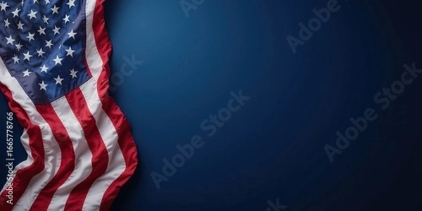 Fototapeta American Flag Draped on Deep Blue Background Patriotic Image for Memorial Day