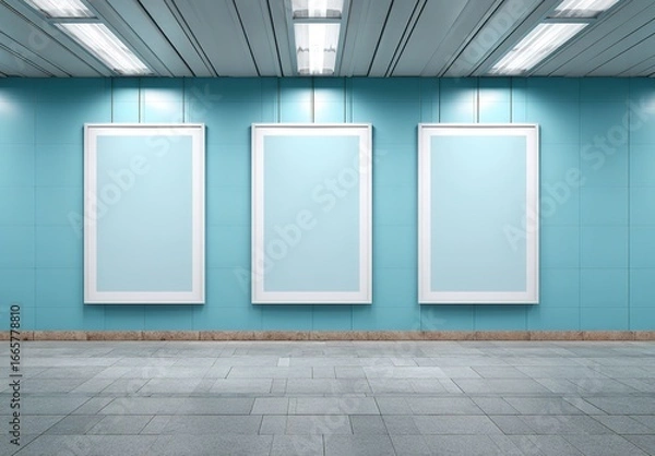 Obraz pure blue subway wall with three vertical posters mockups on it, with white empty space