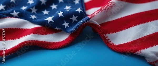 Fototapeta Close-up View of an American Flag Draped on a Blue Background Celebrating Independence Day