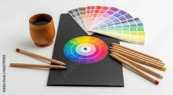 Obraz Creative design tools color wheel swatches pencils cup of coffee workspace background